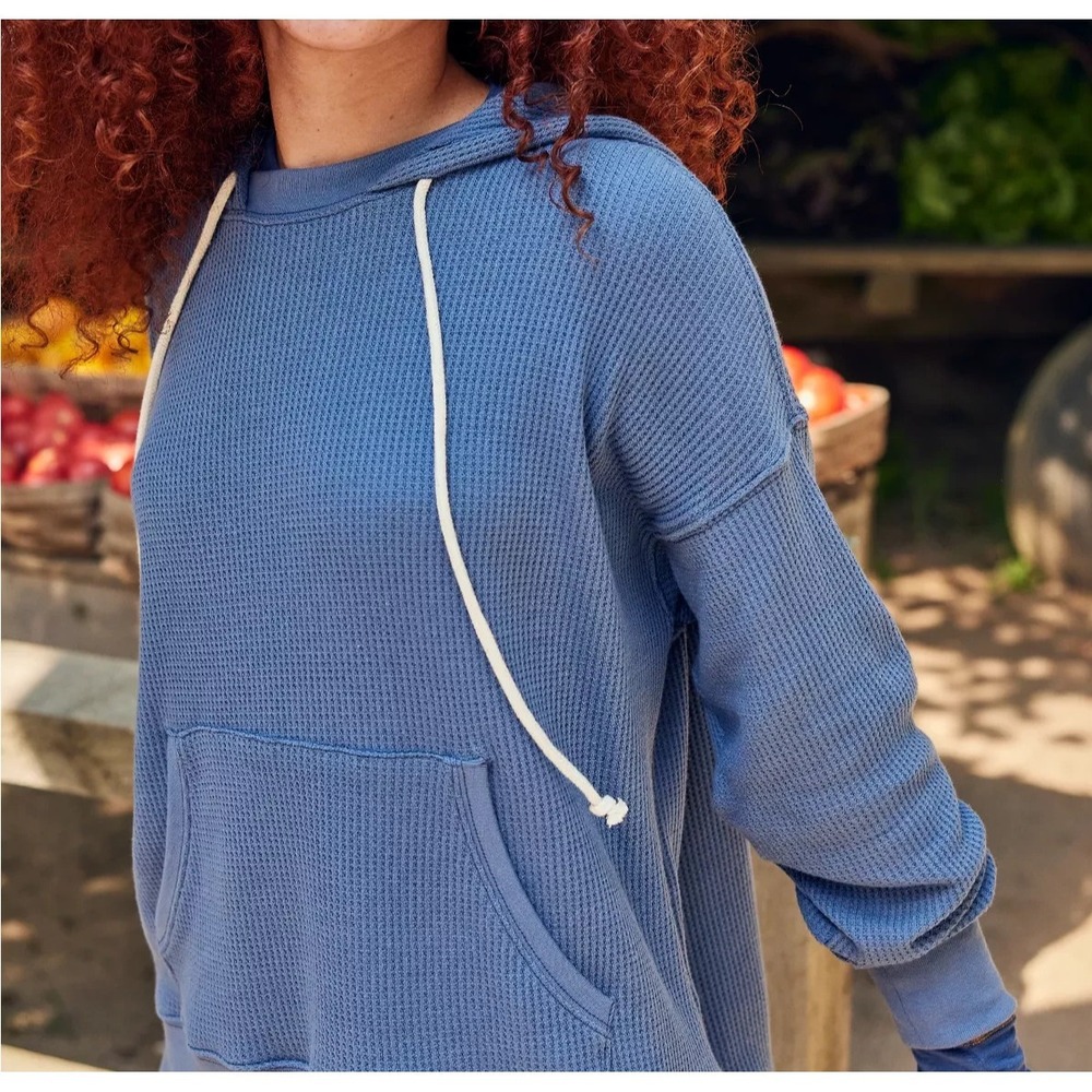 Aerie Waffle Knit Hoodie 1/2 Zip Up Sweater Hoody Marbled Blue Oversized Small - Picture 4 of 13